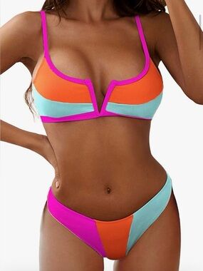Vibrant Colorblock Ribbed Bikini - Pink, Orange & Light Blue